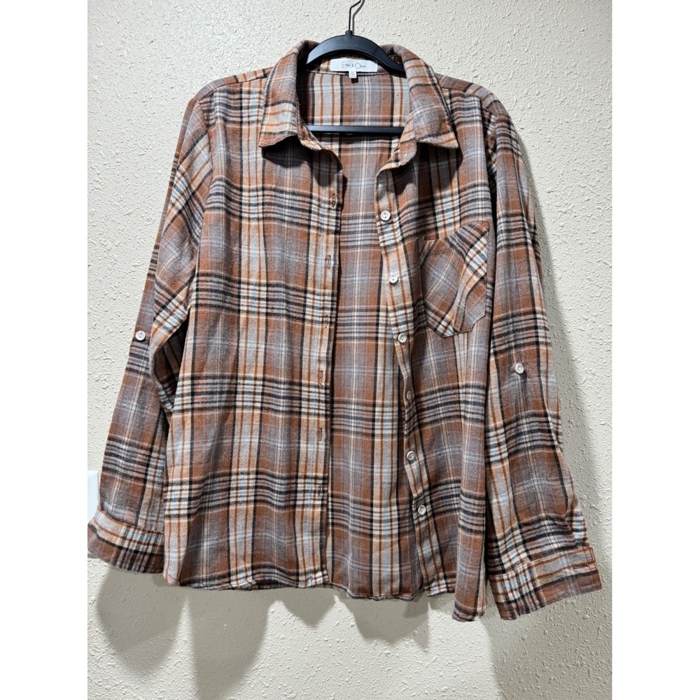 Eden & Olivia Brown Blue Plaid Flannel Button Down Roll‎ Tab Sleeve Shirt XL